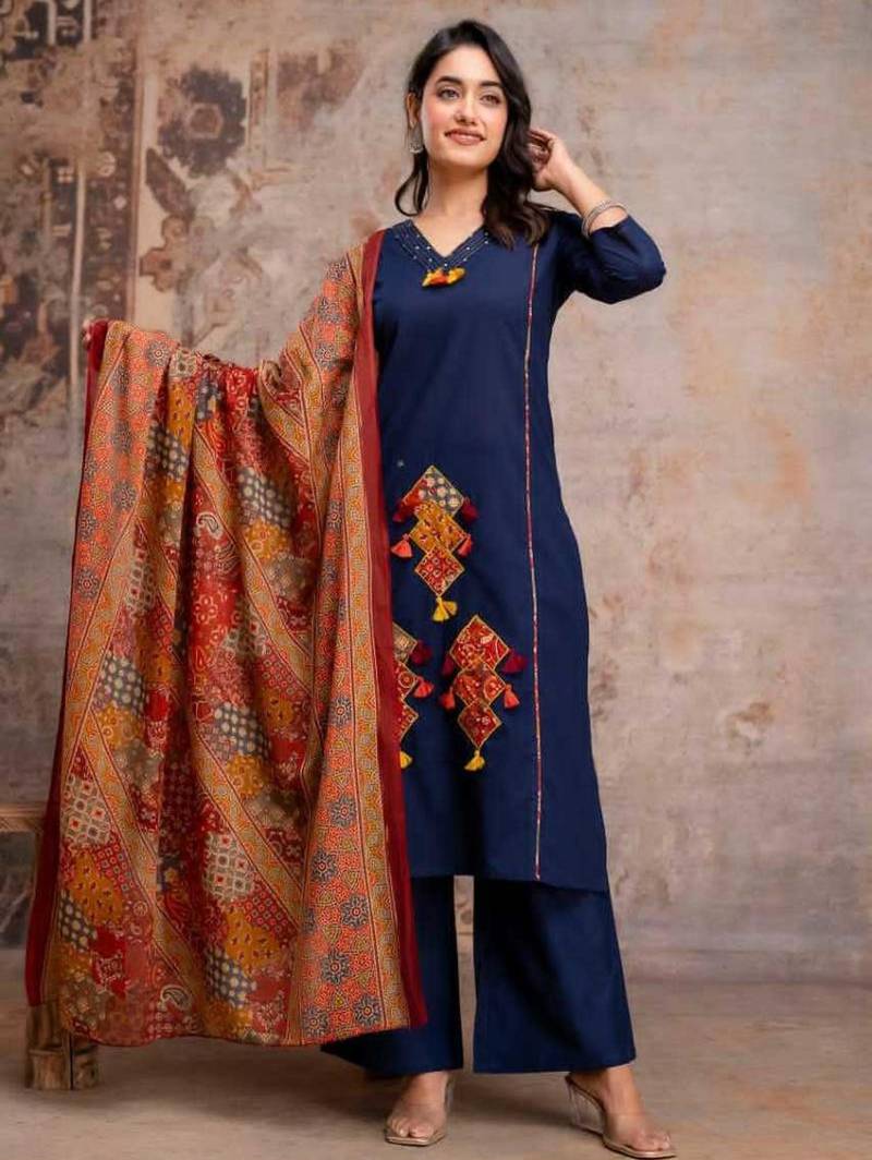 Straight cotton printed embroiderd kurta pant and dupatta set