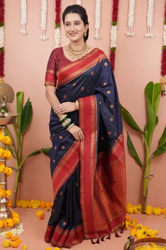 Navy blue floral, zari work soft silk saree with blouse