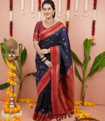 Navy blue floral, zari work soft silk saree with blouse