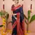 Navy blue floral, zari work soft silk saree with blouse