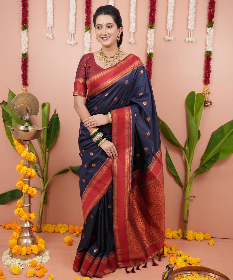 Navy blue floral, zari work soft silk saree with blouse