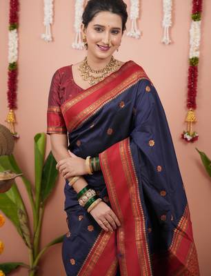 Navy blue floral, zari work soft silk saree with blouse 2