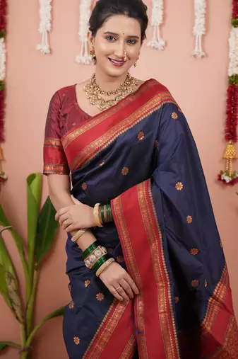 Navy blue floral, zari work soft silk saree with blouse