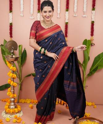Navy blue floral, zari work soft silk saree with blouse 3