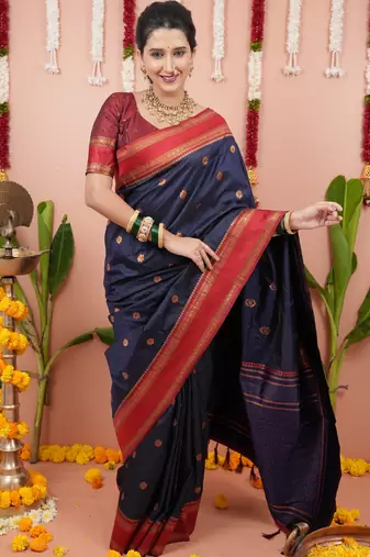 Navy blue floral, zari work soft silk saree with blouse