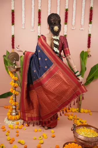 Navy blue floral, zari work soft silk saree with blouse