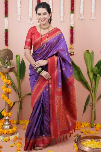 Purple floral, zari work soft silk saree with blouse