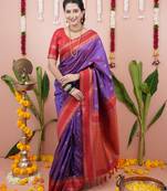 Purple floral, zari work soft silk saree with blouse