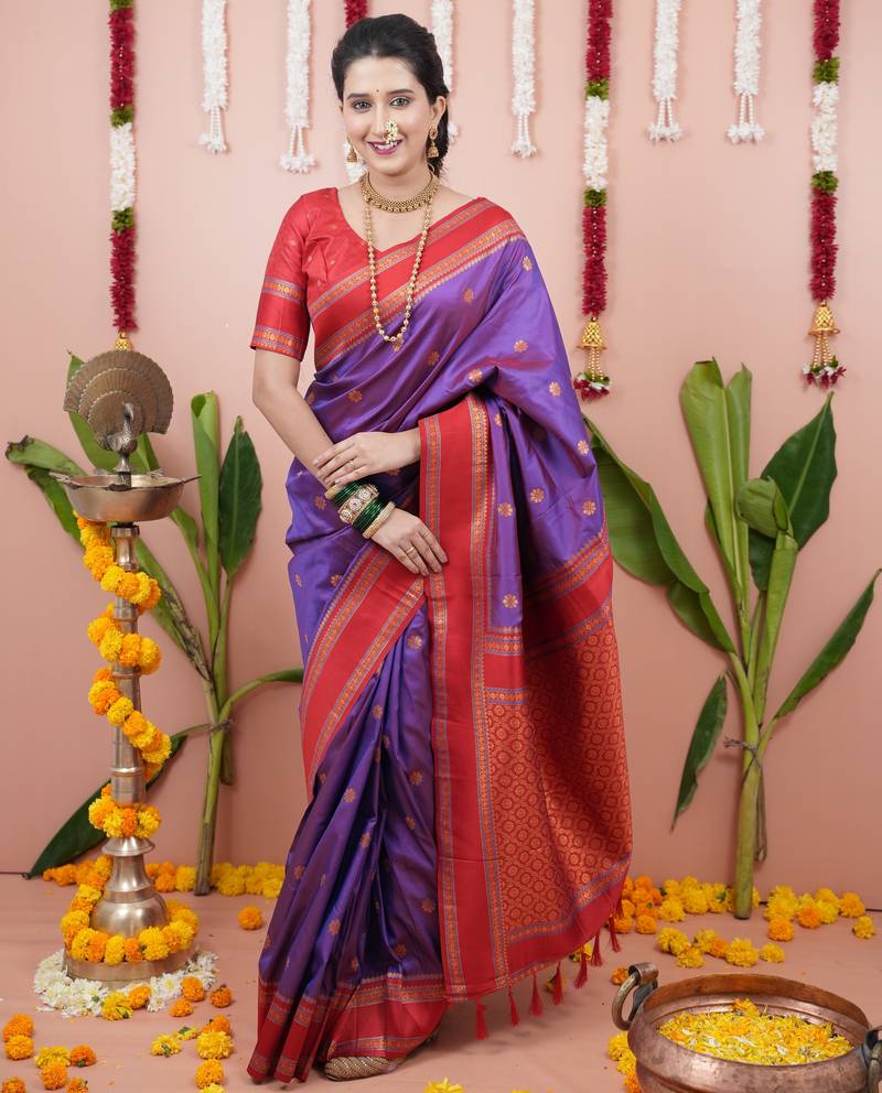 Purple floral, zari work soft silk saree with blouse