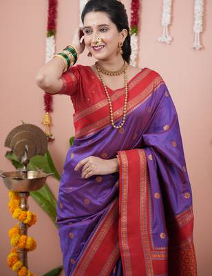 Purple floral, zari work soft silk saree with blouse 2