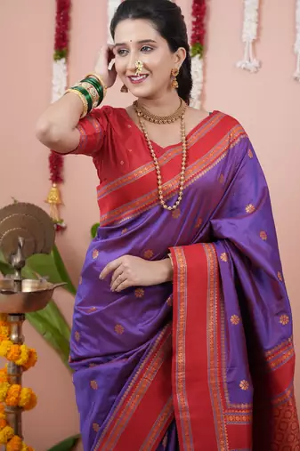 Purple floral, zari work soft silk saree with blouse