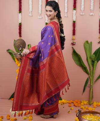 Purple floral, zari work soft silk saree with blouse 3