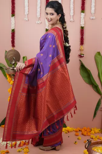 Purple floral, zari work soft silk saree with blouse