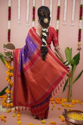 Purple floral, zari work soft silk saree with blouse 4