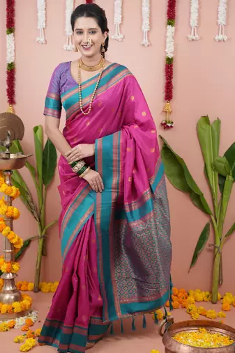 Rani pink floral, zari work soft silk saree with blouse