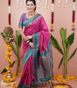 Rani pink floral, zari work soft silk saree with blouse