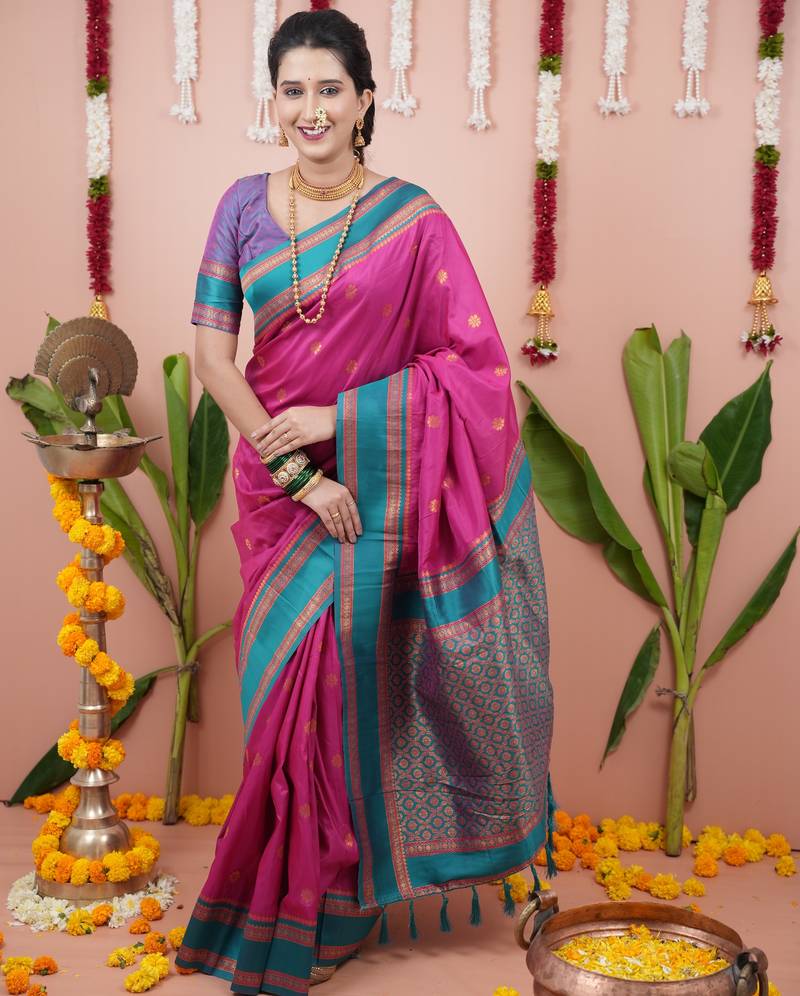 Rani pink floral, zari work soft silk saree with blouse