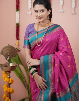 Rani pink floral, zari work soft silk saree with blouse 2