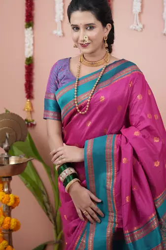 Rani pink floral, zari work soft silk saree with blouse