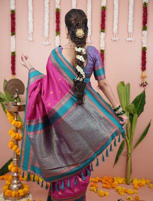 Rani pink floral, zari work soft silk saree with blouse 3