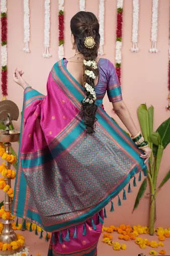 Rani pink floral, zari work soft silk saree with blouse