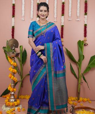 Royal blue floral, zari work soft silk saree with blouse 1
