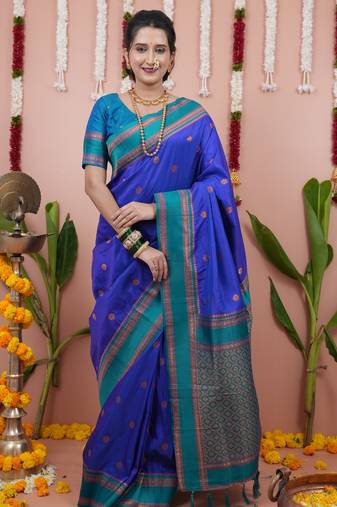 Royal blue floral, zari work soft silk saree with blouse