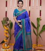Royal blue floral, zari work soft silk saree with blouse