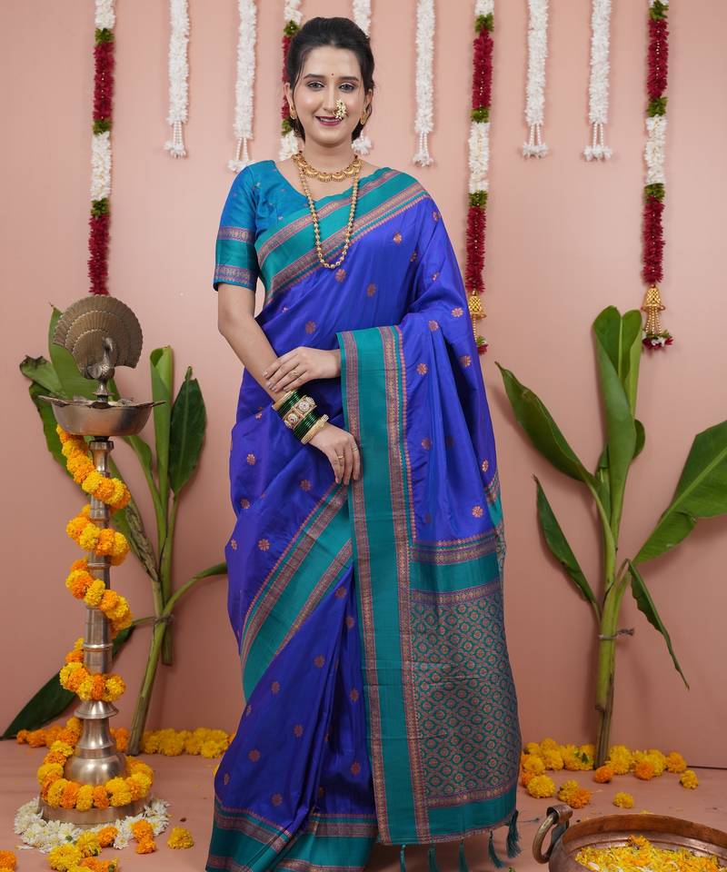 Royal blue floral, zari work soft silk saree with blouse