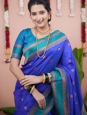 Royal blue floral, zari work soft silk saree with blouse 2