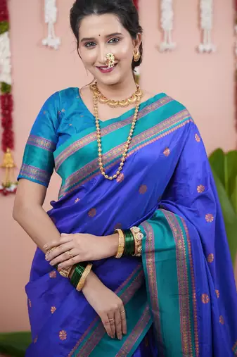 Royal blue floral, zari work soft silk saree with blouse