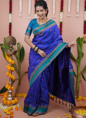 Royal blue floral, zari work soft silk saree with blouse 3
