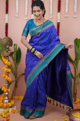 Royal blue floral, zari work soft silk saree with blouse