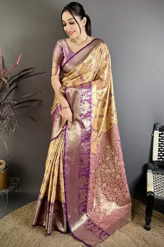 Beige floral, paisely, zari woven banarasi silk saree with blouse