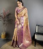 Beige floral, paisely, zari woven banarasi silk saree with blouse