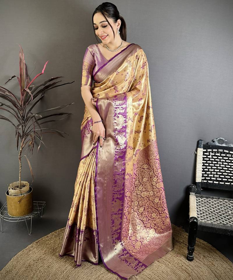 Beige floral, paisely, zari woven banarasi silk saree with blouse