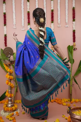 Royal blue floral, zari work soft silk saree with blouse