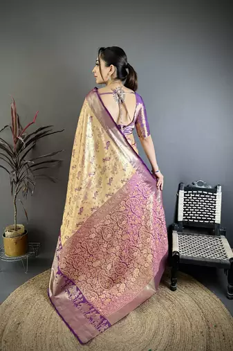 Beige floral, paisely, zari woven banarasi silk saree with blouse