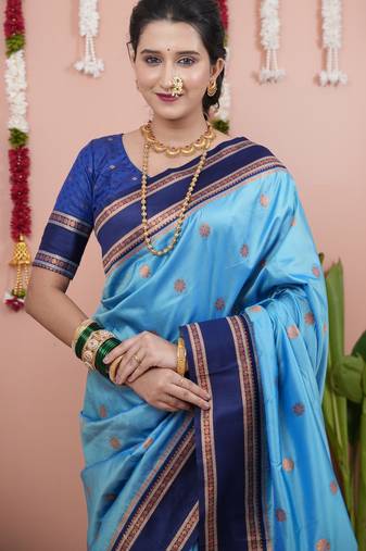 Sky blue floral, zari work soft silk saree with blouse