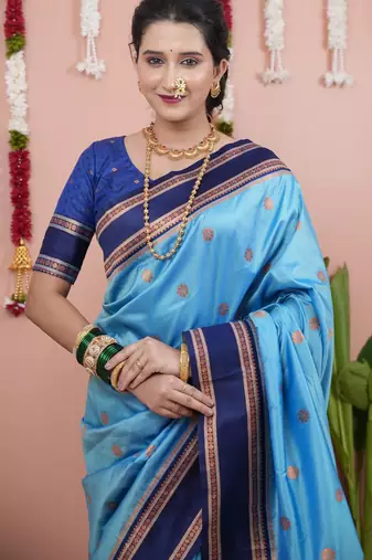 Sky blue floral, zari work soft silk saree with blouse