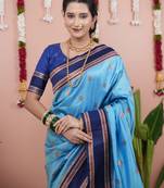 Sky blue floral, zari work soft silk saree with blouse