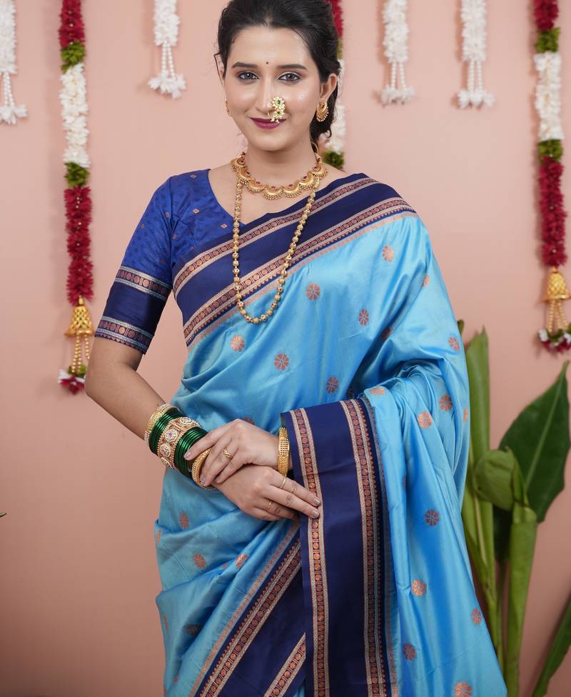 Sky blue floral, zari work soft silk saree with blouse