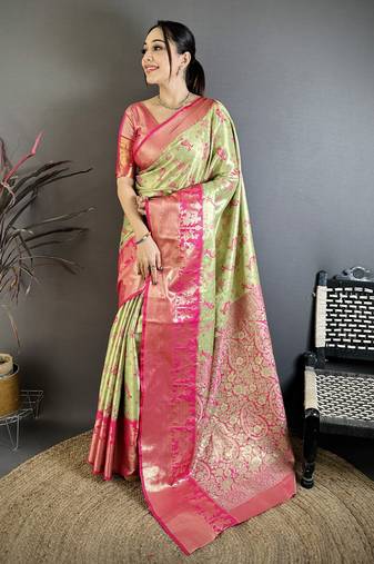 Green floral, paisely, zari woven banarasi silk saree with blouse