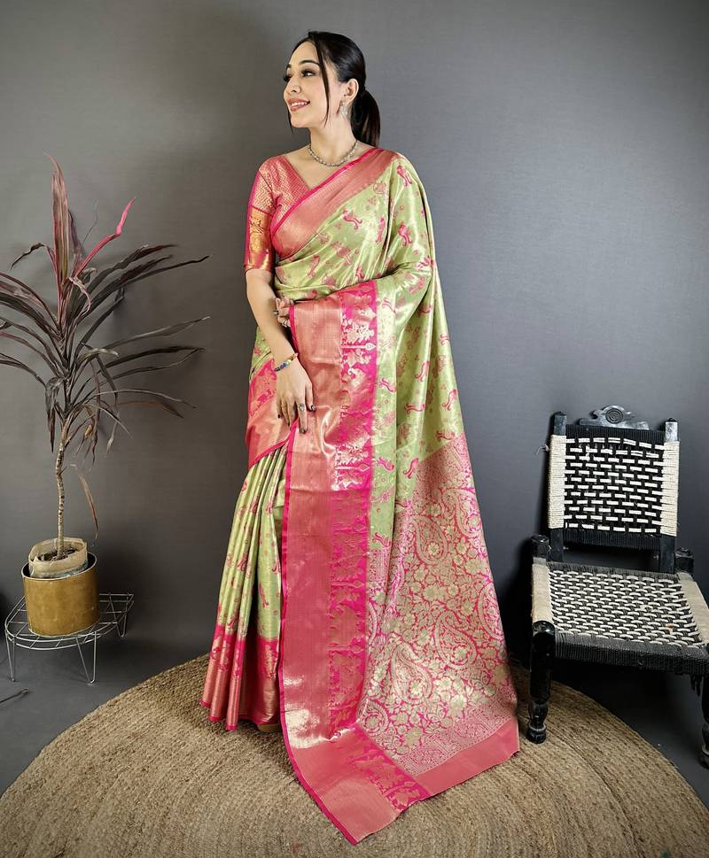 Green floral, paisely, zari woven banarasi silk saree with blouse