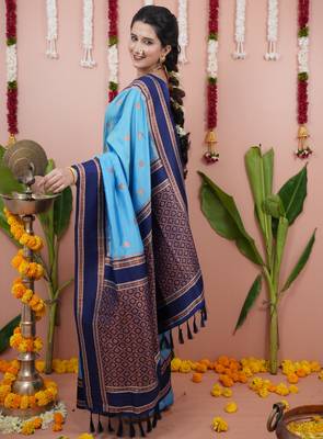 Sky blue floral, zari work soft silk saree with blouse 3