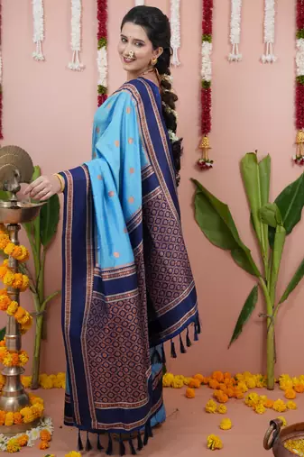 Sky blue floral, zari work soft silk saree with blouse