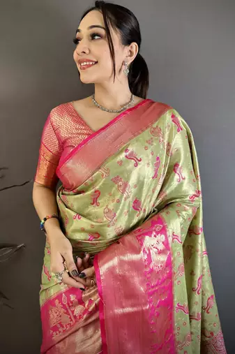 Green floral, paisely, zari woven banarasi silk saree with blouse