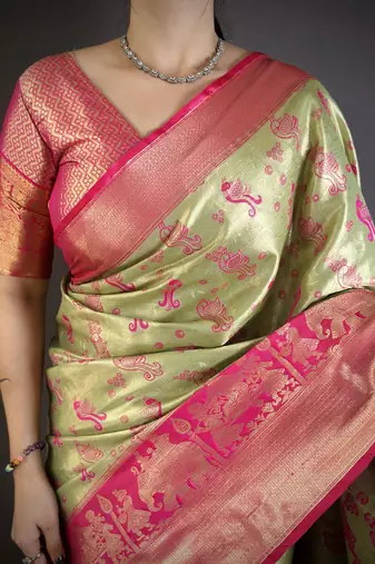 Green floral, paisely, zari woven banarasi silk saree with blouse