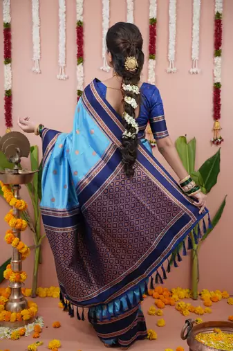Sky blue floral, zari work soft silk saree with blouse