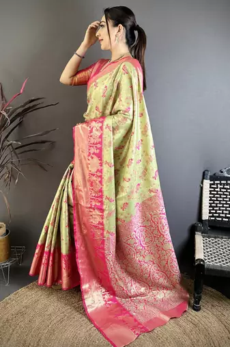 Green floral, paisely, zari woven banarasi silk saree with blouse